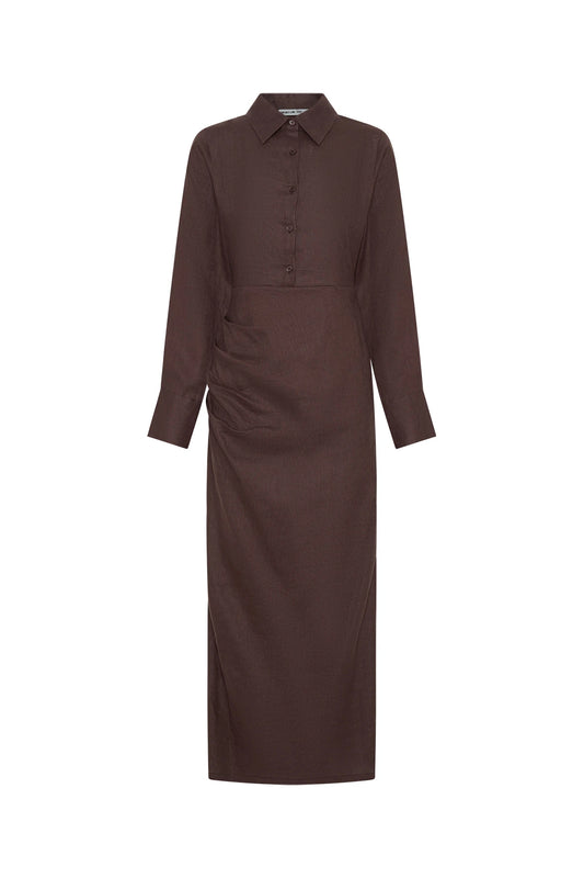 Lefka Long Sleeve Dress Chocolate by Sneaky Link, a breathable linen long sleeve dress with cotton lining for everyday elegance.
