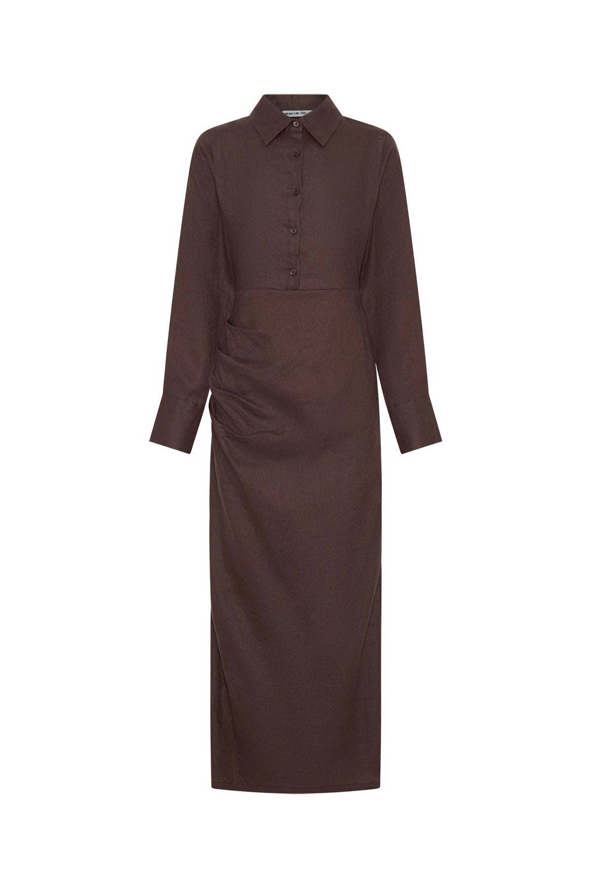 Lefka Long Sleeve Dress Chocolate by Sneaky Link, a breathable linen long sleeve dress with cotton lining for everyday elegance.
