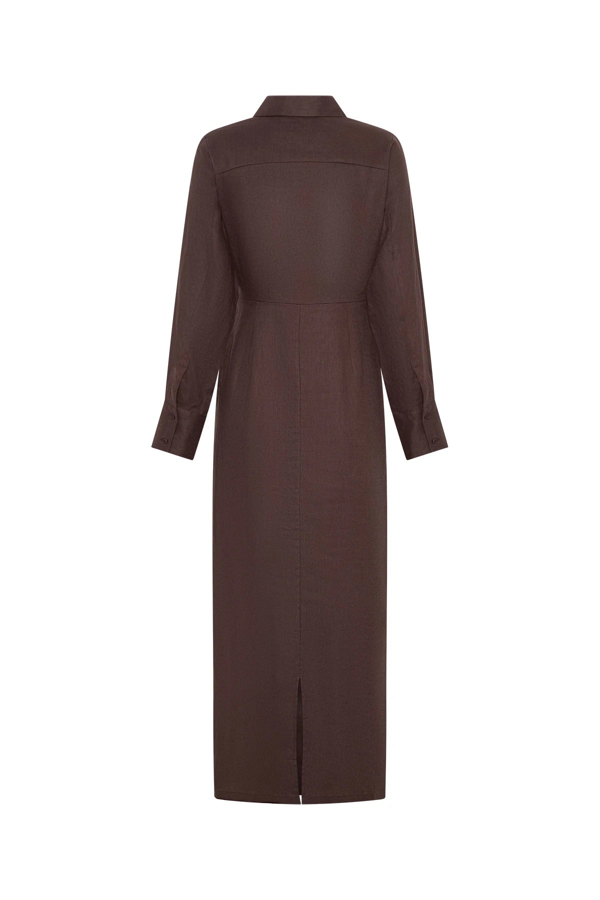 Lefka Long Sleeve Dress Chocolate by Sneaky Link, a breathable linen long sleeve dress with cotton lining for everyday elegance.
