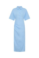 Lefka Midi Dress in Blue by Sneaky Link, linen midi with cinched waist, exaggerated sleeves, and flattering tummy ruching.