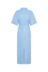 Lefka Midi Dress in Blue by Sneaky Link, linen midi with cinched waist, exaggerated sleeves, and flattering tummy ruching.