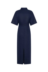 Lefka Midi Dress Navy by Sneaky Link – a linen midi with ruched waist and puff sleeves. Perfect for effortless event styling.