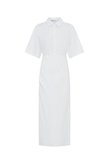 Lefka Midi Dress in White by Sneaky Link, linen midi with cinched waist, exaggerated sleeves, and feminine tummy ruching.