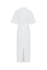 Lefka Midi Dress in White by Sneaky Link, linen midi with cinched waist, exaggerated sleeves, and feminine tummy ruching.