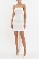 Lia Strapless Mini Dress Ivory by Rebecca Vallance – A corset mini with a bow-back and bonded crepe finish, perfect for modern bridal moments and elegant celebrations.