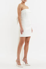 Lia Strapless Mini Dress Ivory by Rebecca Vallance – A corset mini with a bow-back and bonded crepe finish, perfect for modern bridal moments and elegant celebrations.