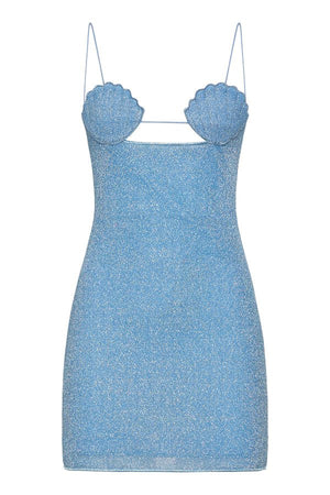 Lumiere Shell Dress Crystal by Oséree – Trendy shimmering mini with sculpted shell bust cups and ultra-thin straps, perfect for resort vibes and sparkling summer soirées.