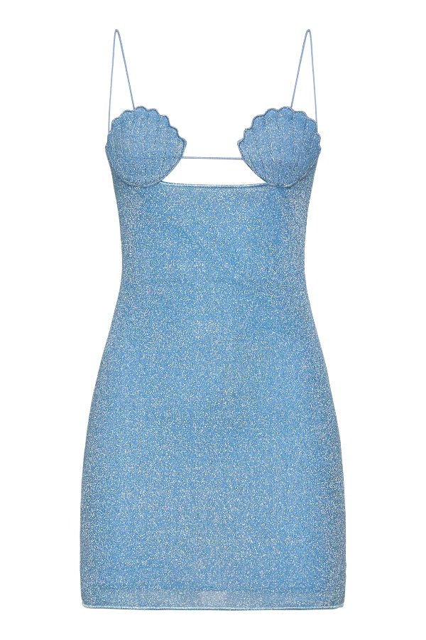 Lumiere Shell Dress Crystal by Oséree – Trendy shimmering mini with sculpted shell bust cups and ultra-thin straps, perfect for resort vibes and sparkling summer soirées.