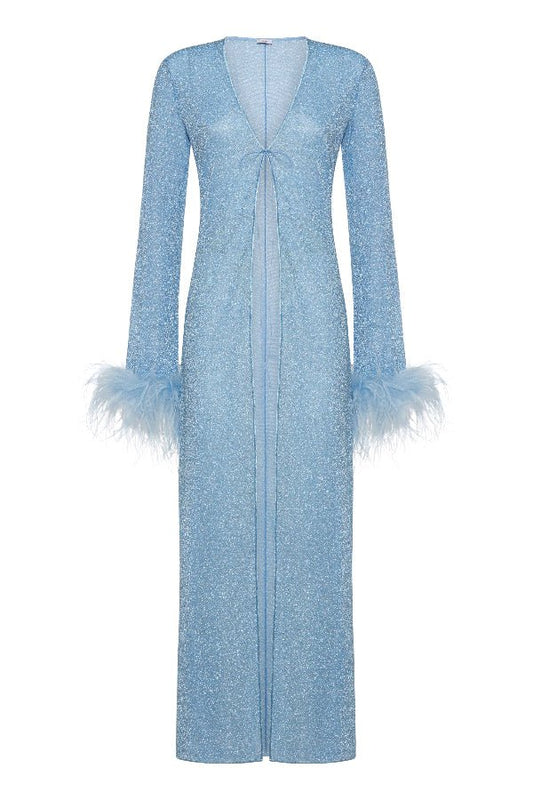 Lumiere Plumage Long Kaftan Crystal by Oséree – Trendy shimmering metallic kaftan with dramatic real ostrich feather cuffs, perfect for glamorous resortwear and unforgettable moments.