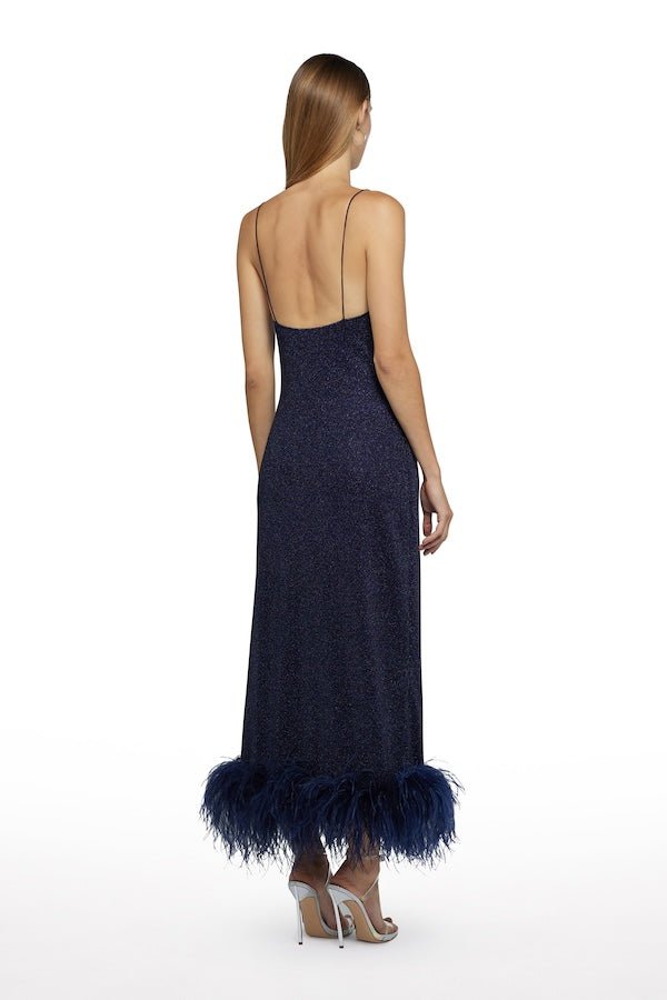 Lumiere Plumage Slip Dress Night Blue by Oséree – A luxe feather-adorned slip dress with real ostrich feathers, perfect for glamorous, trendy events and viral style moments.