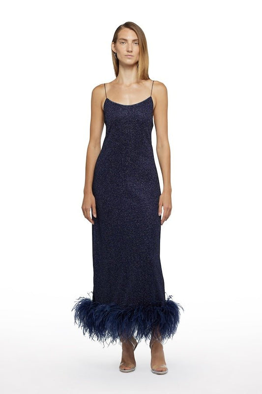 Lumiere Plumage Slip Dress Night Blue by Oséree – A luxe feather-adorned slip dress with real ostrich feathers, perfect for glamorous, trendy events and viral style moments.