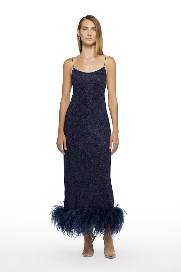 Lumiere Plumage Slip Dress Night Blue by Oséree – A luxe feather-adorned slip dress with real ostrich feathers, perfect for glamorous, trendy events and viral style moments.