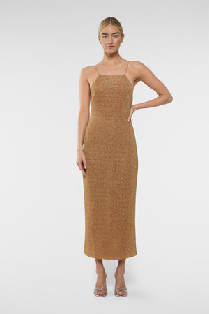 Lumiere Long Dress Toffee by Oséree – Shimmering stretch dress with sleek silhouette, perfect for statement summer dressing.