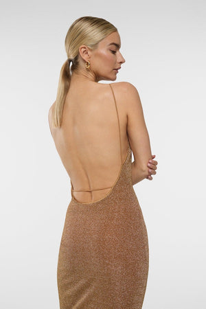 Lumiere Long Dress Toffee by Oséree – Shimmering stretch dress with sleek silhouette, perfect for statement summer dressing.