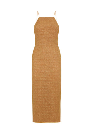 Lumiere Long Dress Toffee by Oséree – Shimmering stretch dress with sleek silhouette, perfect for statement summer dressing.