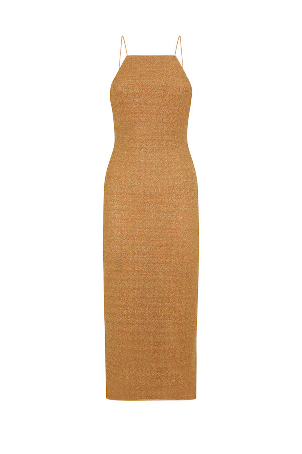 Lumiere Long Dress Toffee by Oséree – Shimmering stretch dress with sleek silhouette, perfect for statement summer dressing.