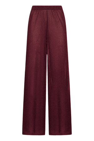 Lumière Pants Burgundy by Oséree, luxurious straight-fit pants in rich burgundy metallic fabric. Lightweight with an elastic waistband, perfect for day-to-night elegance.