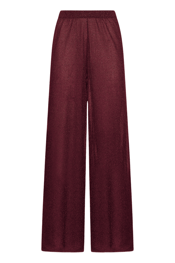 Lumière Pants Burgundy by Oséree, luxurious straight-fit pants in rich burgundy metallic fabric. Lightweight with an elastic waistband, perfect for day-to-night elegance.