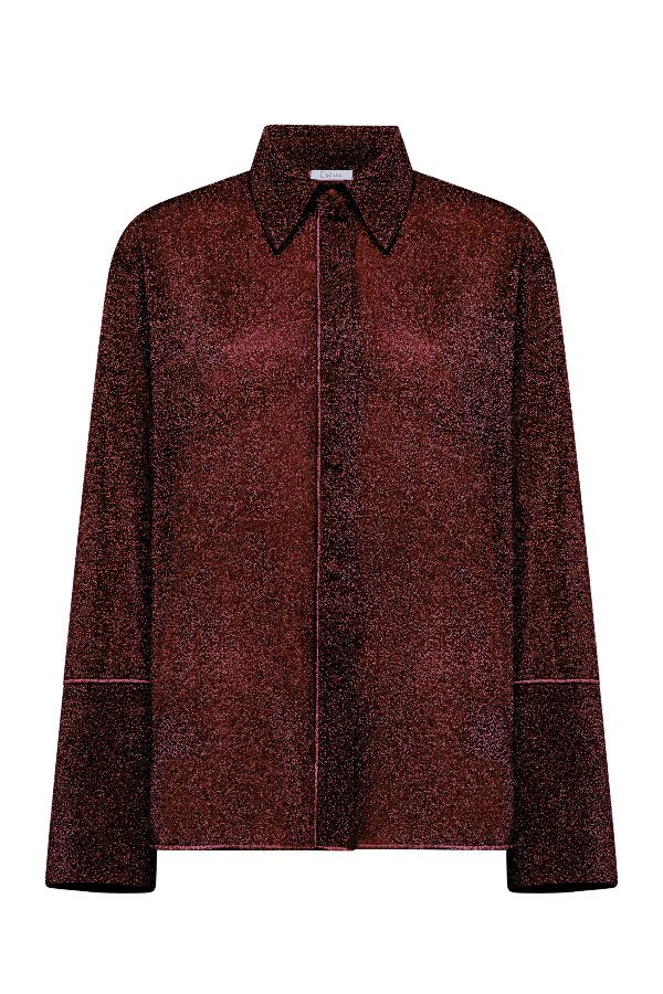 Lumière Sleeves Shirt Burgundy by Oséree — Luxurious luminescent shirt crafted from shimmering polyamide-metallic fabric. Elevate any outfit with this sophisticated piece.