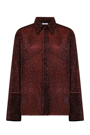 Lumière Sleeves Shirt Burgundy by Oséree — Luxurious luminescent shirt crafted from shimmering polyamide-metallic fabric. Elevate any outfit with this sophisticated piece.