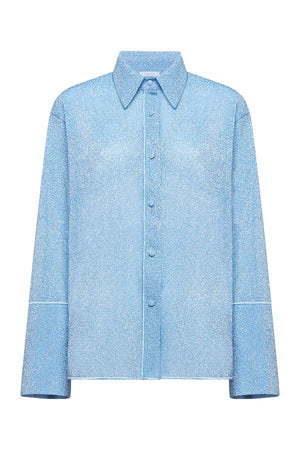 Lumière Sleeves Shirt Crystal by Oséree — A shimmering button-down with classic collar and full sleeves, crafted from lightweight metallic fabric. Perfect for day-to-night elegance.