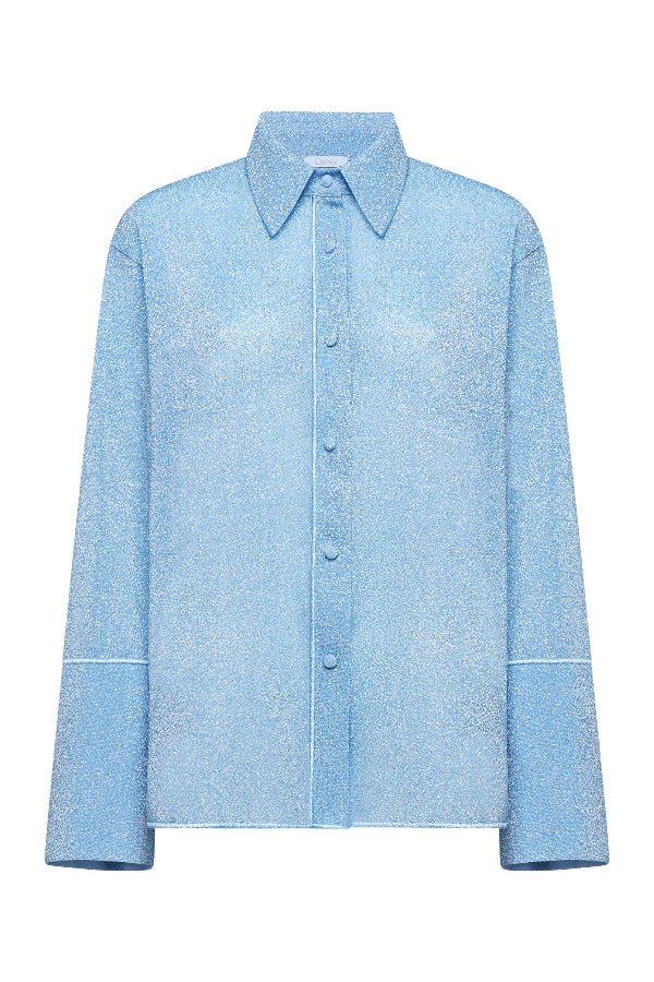 Lumière Sleeves Shirt Crystal by Oséree — A shimmering button-down with classic collar and full sleeves, crafted from lightweight metallic fabric. Perfect for day-to-night elegance.