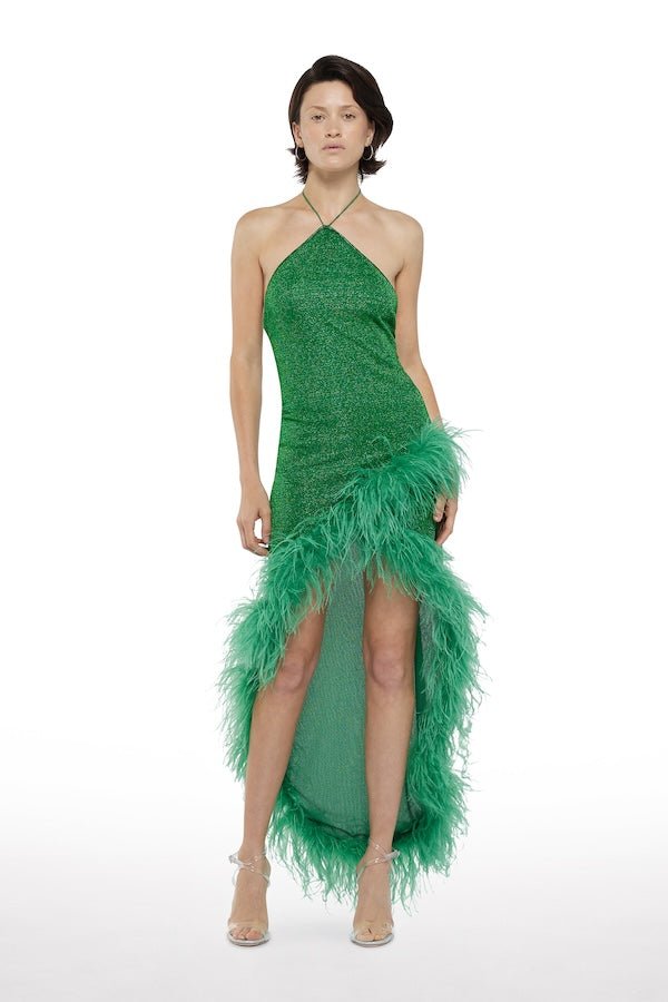 Lumiere Plumage Tulip Dress Emerald Green by Oséree – A bold, glamorous dress featuring luxurious ostrich feathers and a chic halter neck, perfect for standout events.
