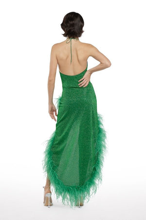 Lumiere Plumage Tulip Dress Emerald Green by Oséree – A bold, glamorous dress featuring luxurious ostrich feathers and a chic halter neck, perfect for standout events.