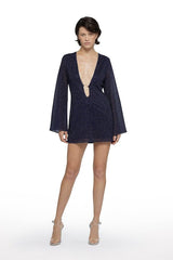 Lumiere O Gem Kaftan Night Blue by Oséree – Trendy mini dress with bell sleeves and a flattering V-neck, perfect for making a viral statement at stylish events.