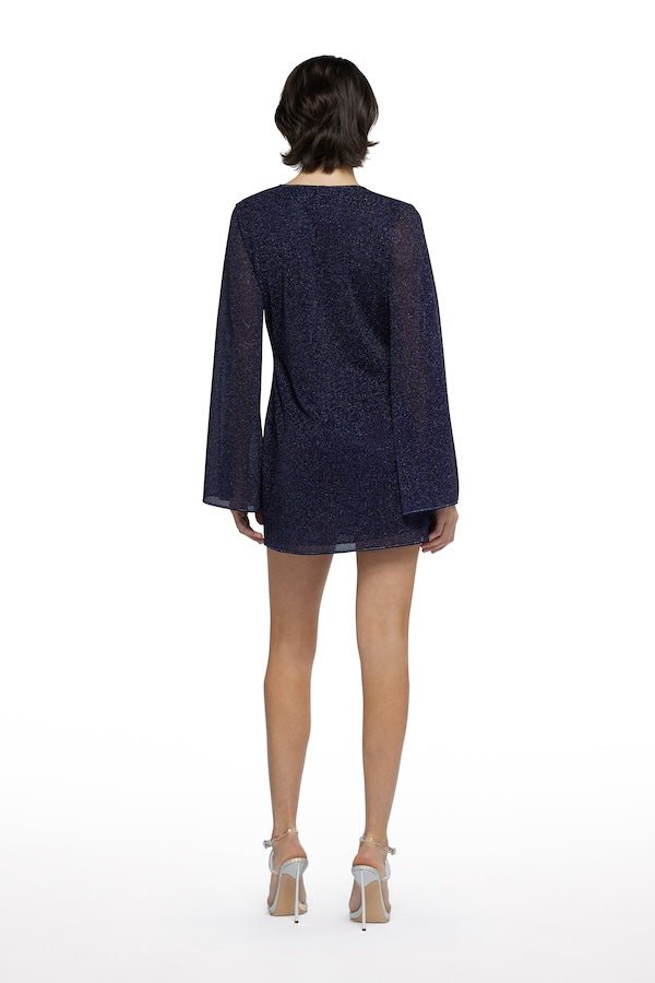 Lumiere O Gem Kaftan Night Blue by Oséree – Trendy mini dress with bell sleeves and a flattering V-neck, perfect for making a viral statement at stylish events.