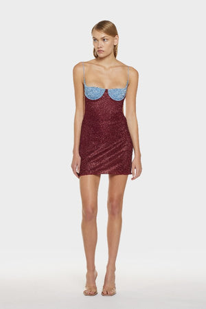 Lumiere Bicolor Balconette Dress Crystal Burgundy by Oséree – Trendy shimmering mini with sculpted balconette bust, bicolor metallic hues, and ultra-thin straps, perfect for glam nights and summer soirées.
