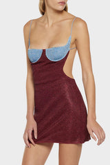 Lumiere Bicolor Balconette Dress Crystal Burgundy by Oséree – Trendy shimmering mini with sculpted balconette bust, bicolor metallic hues, and ultra-thin straps, perfect for glam nights and summer soirées.