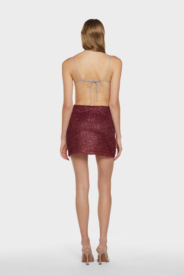 Lumiere Bicolor Balconette Dress Crystal Burgundy by Oséree – Trendy shimmering mini with sculpted balconette bust, bicolor metallic hues, and ultra-thin straps, perfect for glam nights and summer soirées.
