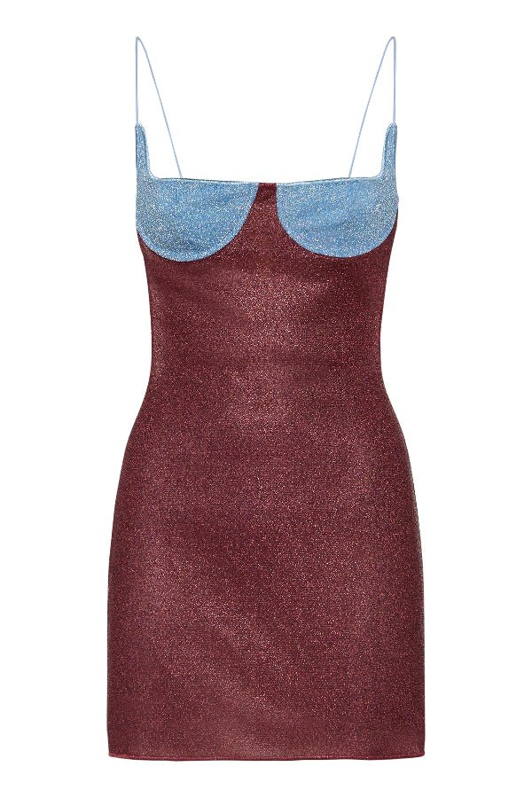 Lumiere Bicolor Balconette Dress Crystal Burgundy by Oséree – Trendy shimmering mini with sculpted balconette bust, bicolor metallic hues, and ultra-thin straps, perfect for glam nights and summer soirées.