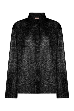 Glazed Lumière Sleeves Shirt Black by Oséree — A relaxed, metallic button-up shirt with a subtle shimmer. Perfect for day-to-night styling and layering.