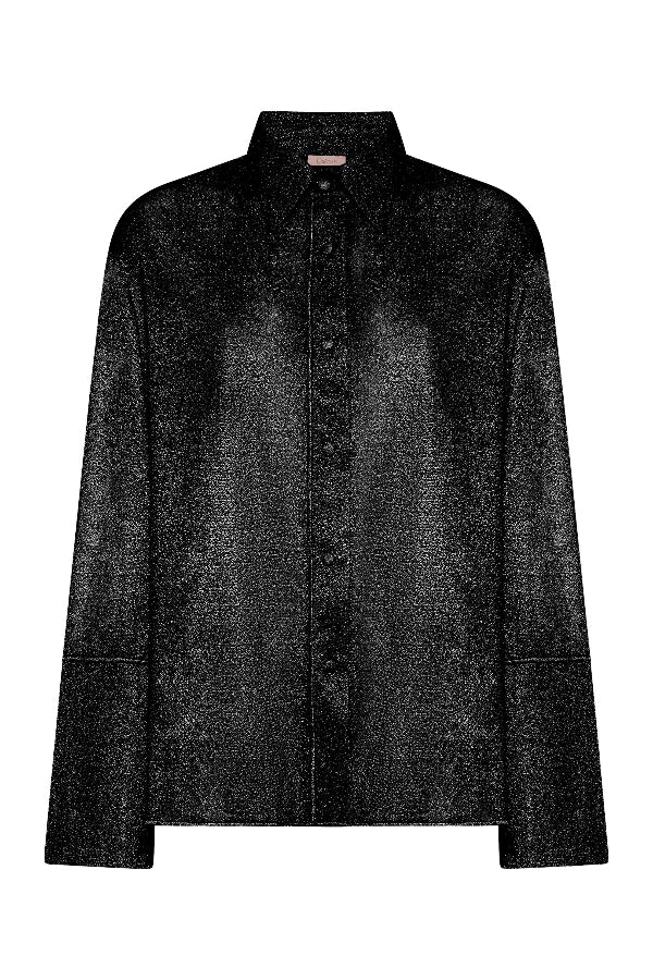Glazed Lumière Sleeves Shirt Black by Oséree — A relaxed, metallic button-up shirt with a subtle shimmer. Perfect for day-to-night styling and layering.