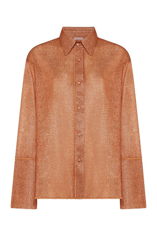 Glazed Lumière Sleeves Shirt Orange by Oséree — A bold, relaxed metallic shirt with a radiant glazed finish. Perfect for standout day-to-night looks.