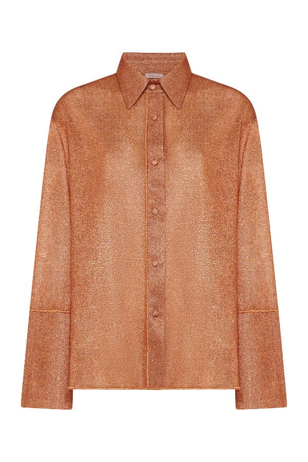 Glazed Lumière Sleeves Shirt Orange by Oséree — A bold, relaxed metallic shirt with a radiant glazed finish. Perfect for standout day-to-night looks.