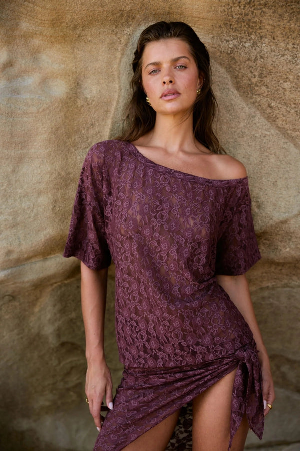 Lace Off Shoulder Chocolate by Summi Summi – romantic off shoulder lace top in chocolate brown for elevated evening styling.