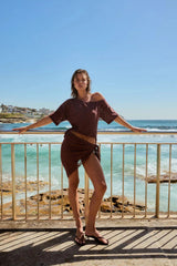 Lace Off Shoulder Chocolate by Summi Summi – romantic off shoulder lace top in chocolate brown for elevated evening styling.
