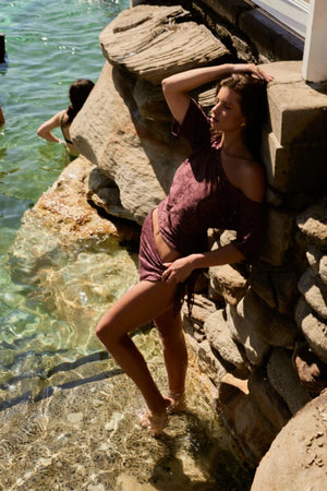 Lace Off Shoulder Chocolate by Summi Summi – romantic off shoulder lace top in chocolate brown for elevated evening styling.