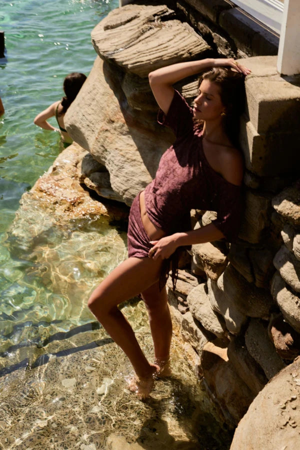 Lace Off Shoulder Chocolate by Summi Summi – romantic off shoulder lace top in chocolate brown for elevated evening styling.