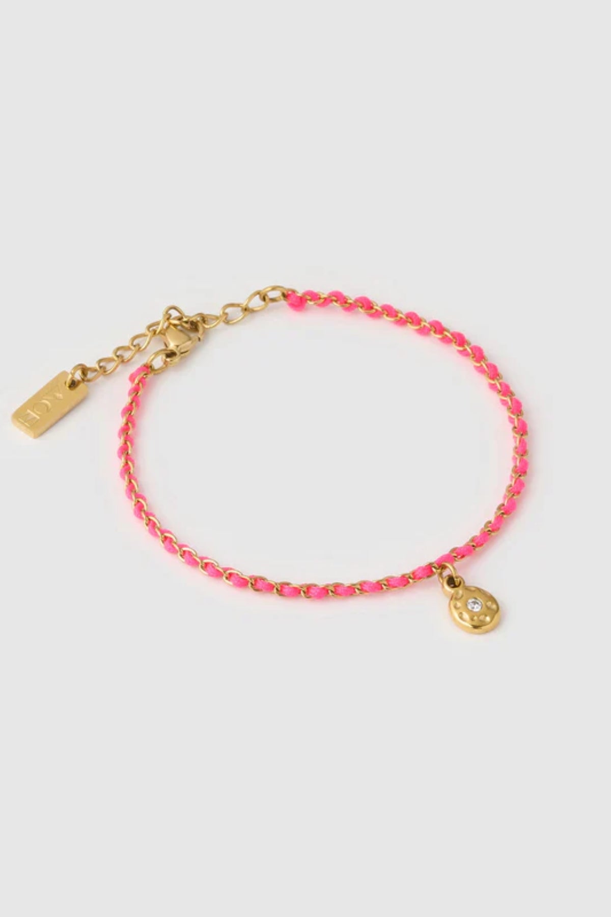 Lacey Bracelet Flamingo by Arms of Eve, colourful friendship-inspired bracelet with pink rope and zircon charm for playful golden summer style.