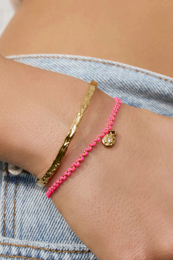 Lacey Bracelet Flamingo by Arms of Eve, colourful friendship-inspired bracelet with pink rope and zircon charm for playful golden summer style