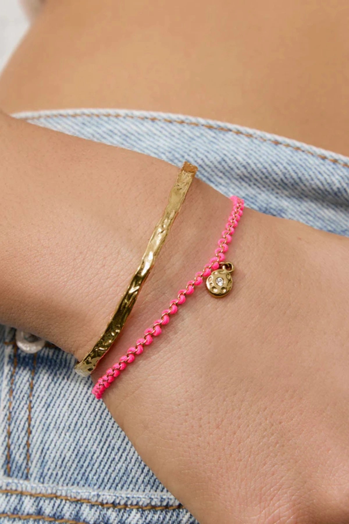 Lacey Bracelet Flamingo by Arms of Eve, colourful friendship-inspired bracelet with pink rope and zircon charm for playful golden summer style.