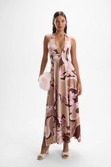 Lalique Halter Dress Deco Mocha by Cin Cin – asymmetric halter midi dress in soft mocha pink jersey print.