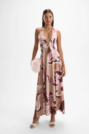 Lalique Halter Dress Deco Mocha by Cin Cin – asymmetric halter midi dress in soft mocha pink jersey print.