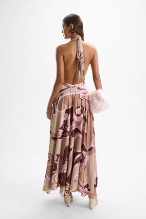 Lalique Halter Dress Deco Mocha by Cin Cin – asymmetric halter midi dress in soft mocha pink jersey print.