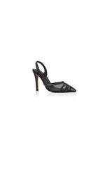 Lana Wilkinson Jade Heel in Black Mesh & Satin, a pointed-toe slingback with diamanté details and 10.5cm stiletto for evening elegance.