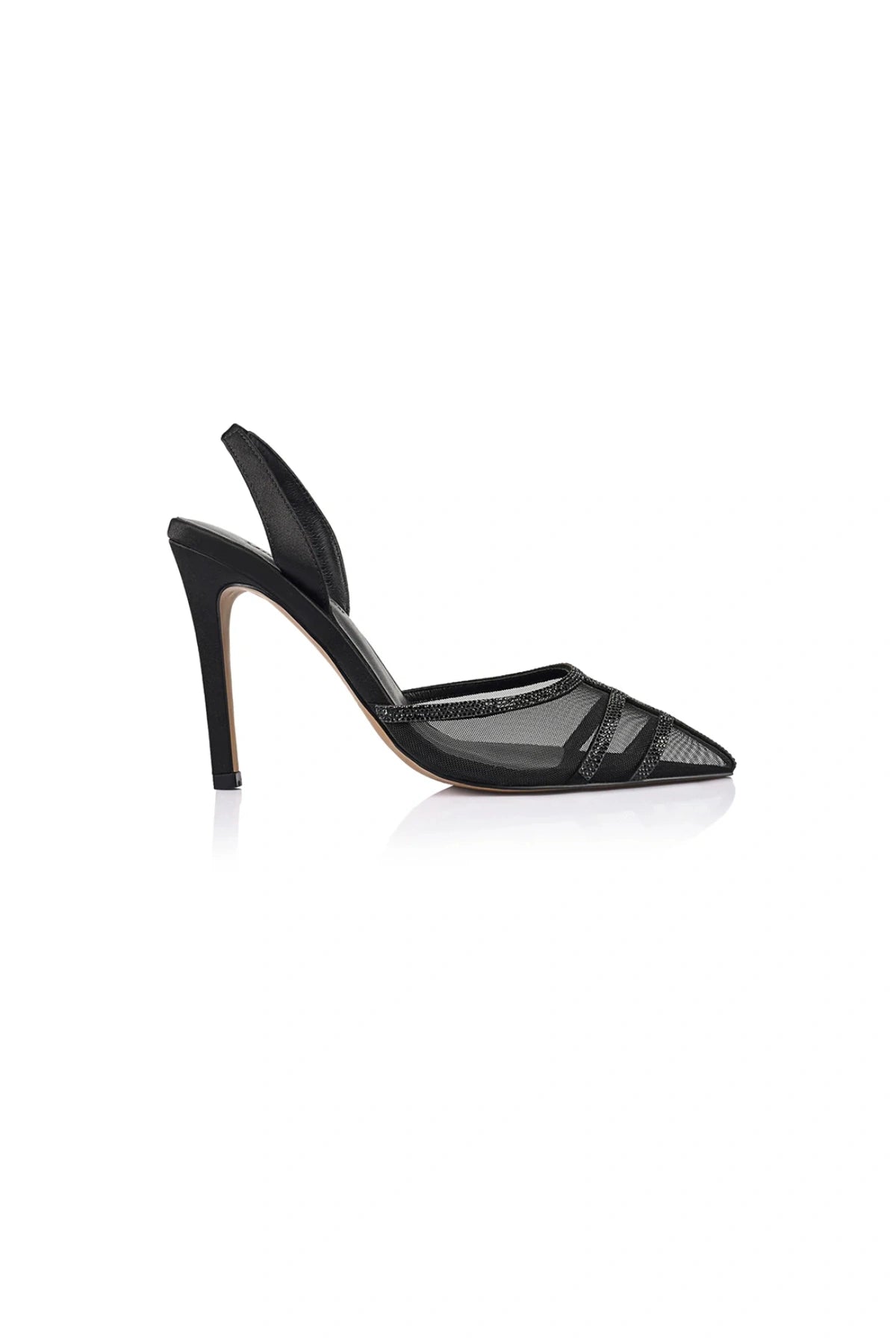 Lana Wilkinson Jade Heel in Black Mesh & Satin, a pointed-toe slingback with diamanté details and 10.5cm stiletto for evening elegance.